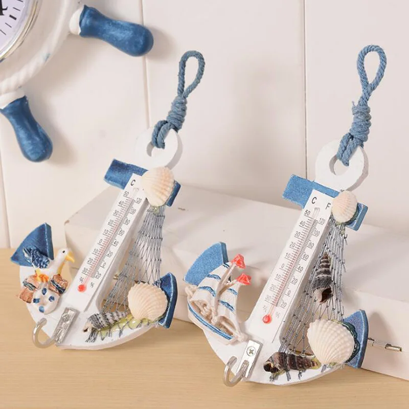 Мини модный настенный крюк деревянный якорь форма термометр ракушка пляжный