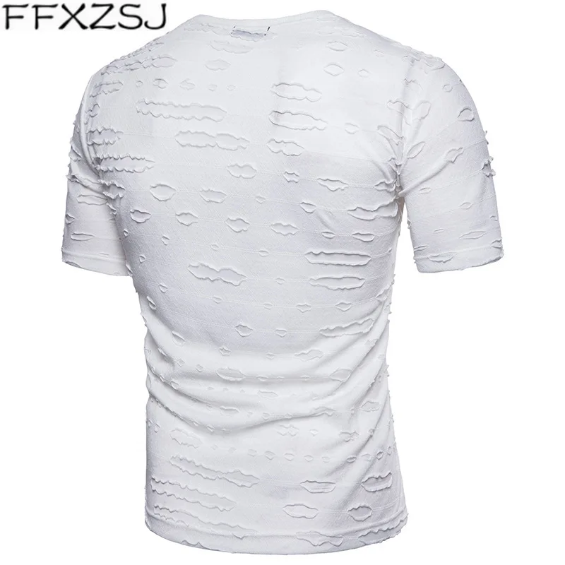 

2019 Summer Fashion Broken hole personality pleats T-shirt Men Black O- neck Men's T-shirt Top Tees Mens Hip Hop Clothing