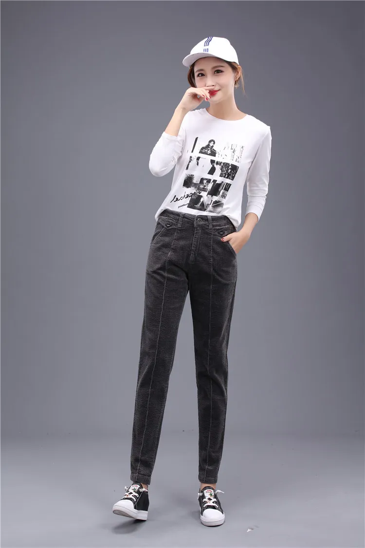 dark gray3104 Осенние женские вельветовые брюки Pantalon Mujer с высокой талией, штаны-шаровары размера плюс, повседневные спортивные штаны, свободные зимние теплые штаны - Цвет: dark gray3104