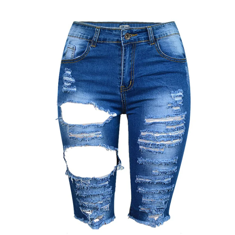 Летние Для женщин по колено Ленточки рваные эластичного денима Штаны с высокой