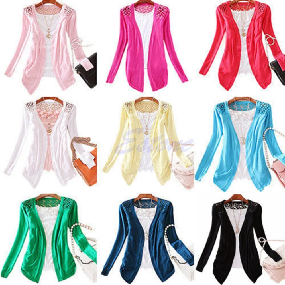 Осенняя Женская трикотажная одежда ярких цветов кружевной ажурный кардиган топы