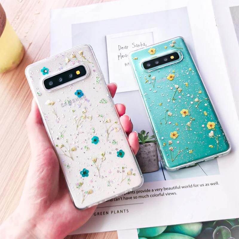 Прозрачные блестящие чехлы с высушенными цветами для samsung Galaxy S10 S9 Plus, прозрачные блестящие накладки на заднюю панель с настоящими цветами для Galaxy S9