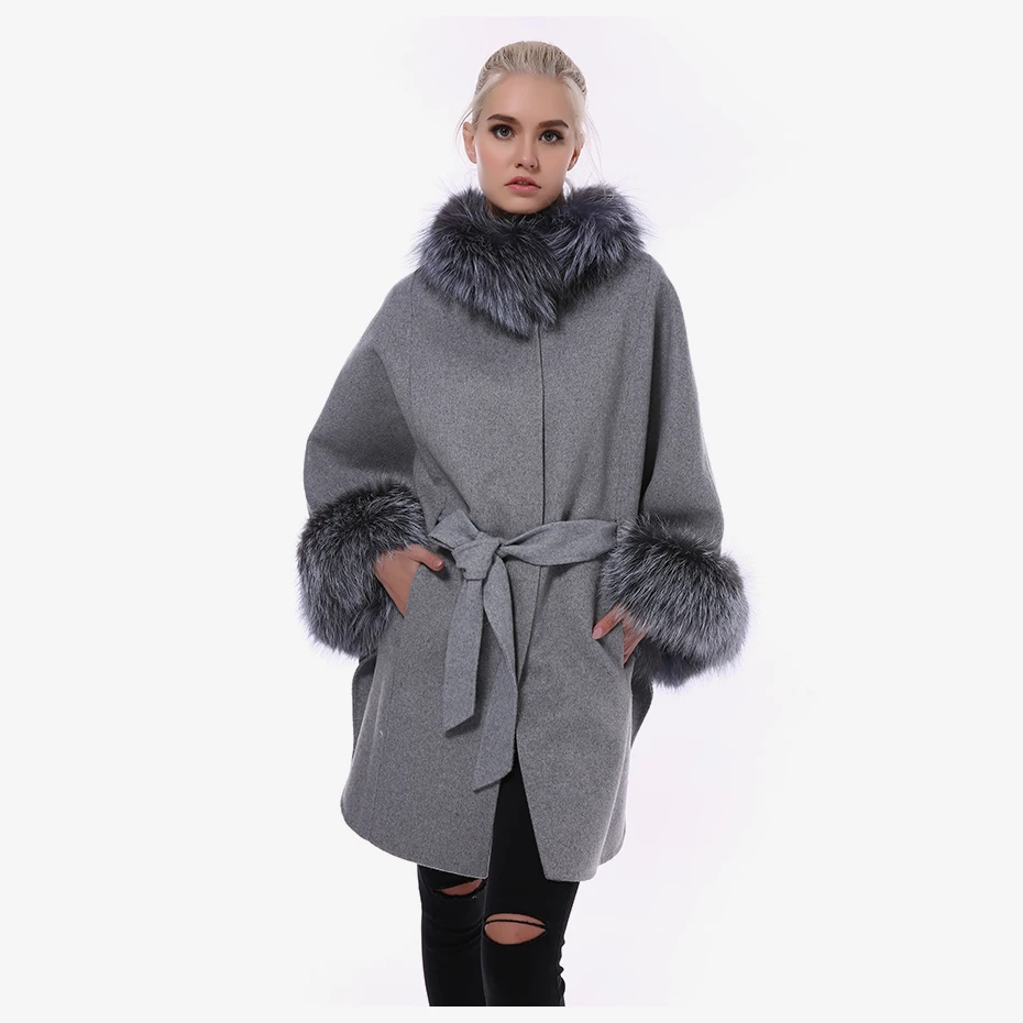 JEPLUDA Женское Пальто Натуральный Мех Лиса Pоскошный Меховой Воротник и Рукава Plus Size Свободные Стиль Кашемировая Куртка Женская с Натуральным Мехом Высокое Содержание Щерсть Пальто Женское Зимнее Большой Pазмер