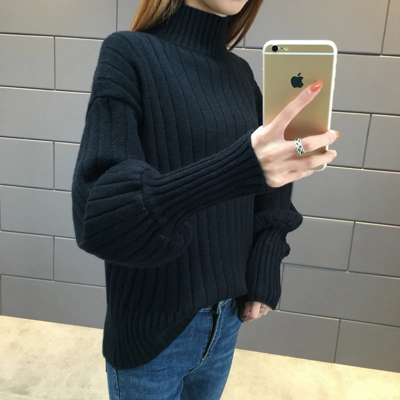 Lantern Sleeve Women Autumn Winter Sweater Solid Black White Turtleneck High Quality Warm Female Jumper Casual | Женская одежда