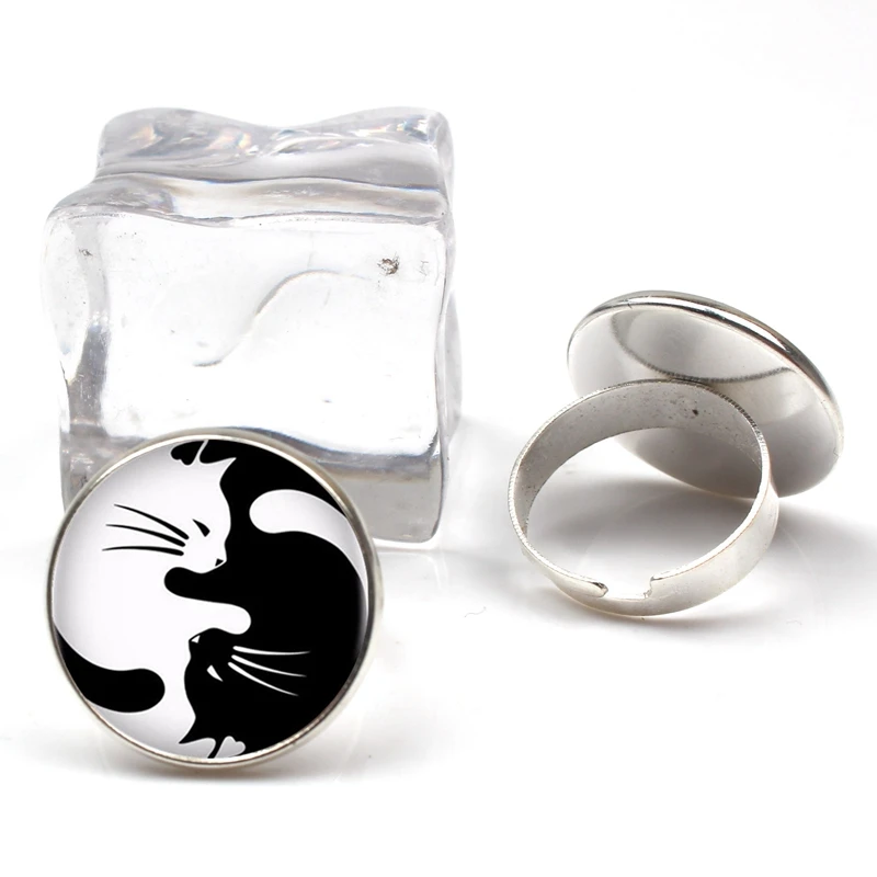2019 новое ретро черное белое Инь и Ян кошка стеклянное кольцо женское модное