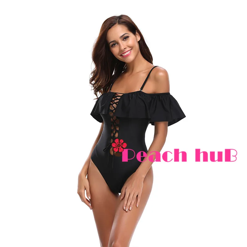 One Piece Swimwear Black Swimsuit Ruffle Sleeve Off Shouder Push Up Women Trikini Swim Suit Bandage | Спорт и развлечения