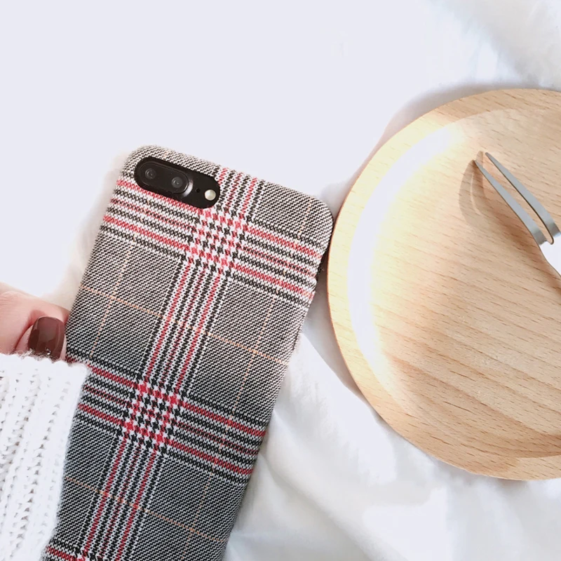 New Arrivals Lattice Pattern Retro Phone Case for iphone 6 6s 7 8 plus X Soft Fabric Checks Striped Couples Style C |
