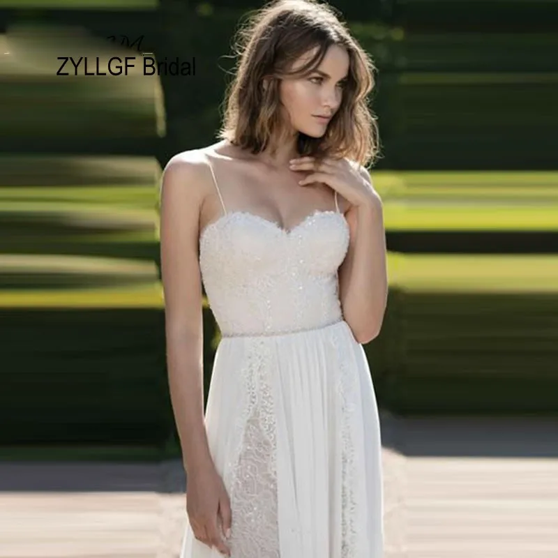 ZYLLGF Bridal Sheath Sweetheart Spaghetti Straps Lace Chiffon Bride Dresses Long Floor Length Cheap Dress For Wedding TA19 | Свадьбы и