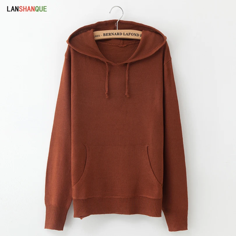 Женский свитер-пуловер с капюшоном однотонный свободный свитер длинным рукавом