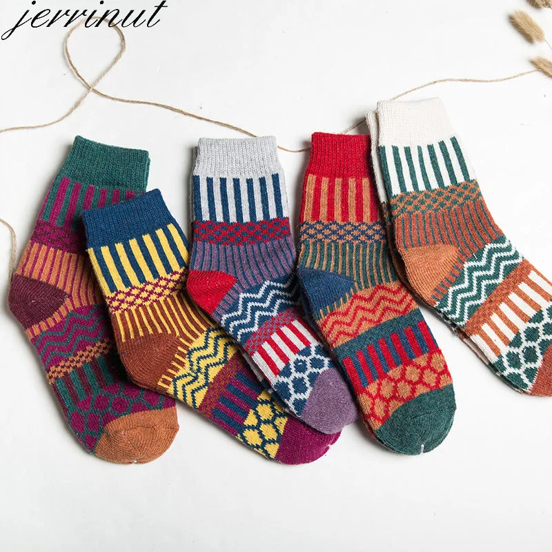 Jerrinut/1 пара осенне-зимних шерстяных хлопковых женских носков, сохраняющие тепло носки с принтом, милые Повседневные Носки с рисунком, один размер