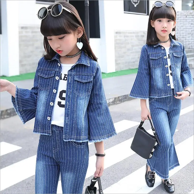 Детский джинсовый комплект для девочек Модный повседневный костюм в полоску с