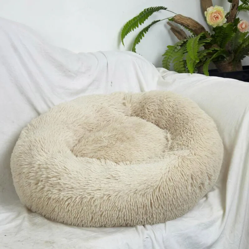 Beige 40-100 см длинная плюшевая круглая кровать для собаки, мягкие зимние кровати для кошек, спальный лежак, подушка для щенка, коврики, саморазогревающиеся кровати для домашних животных для собак/кошек - Цвет: Beige