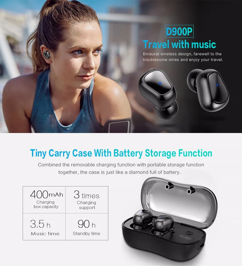 Слог D900P мини TWS Bluetooth наушники-вкладыши устойчивое к поту беспроводные стерео наушники с микрофоном Голосовое управление