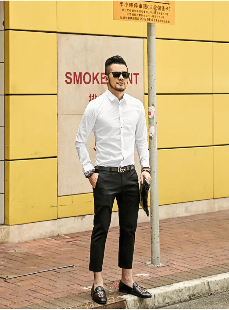 Новые осенние модные брендовые Для мужчин Костюмы Slim Fit Для мужчин рубашка с длинными рукавами Для мужчин однотонные хлопковые Повседневное Для мужчин рубашка социальной S2143