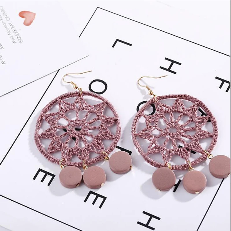 Женские вязаные серьги Ловцы снов круглые деревянные подвески в форме капли