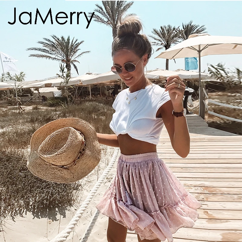 JaMerry, Boho, с принтом, мини, короткая, для женщин, юбка с высокой талией, в горошек, с кисточками, трапециевидная, летняя, праздничная, юбка, сексуальные, с оборками, пляжные юбки