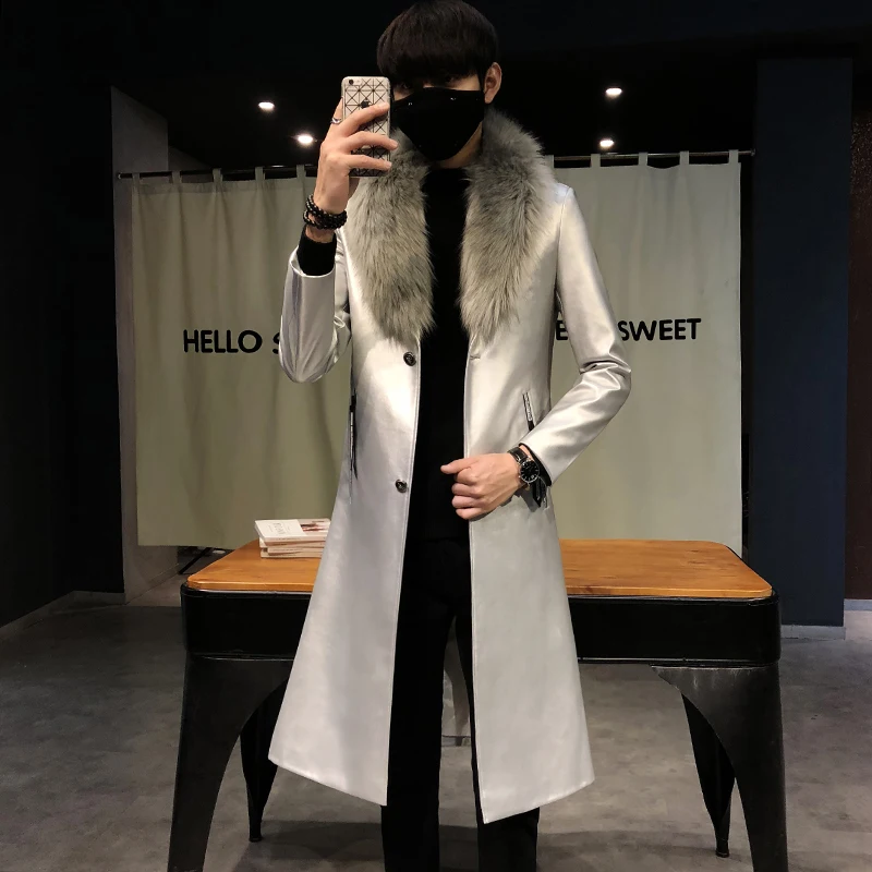 Новинка 2019 зимний блейзер с меховым воротником длинное Мужское пальто мехом