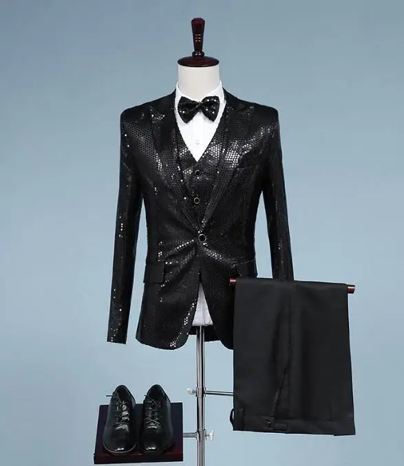 3 шт. мужские блестки Блейзер одной кнопкой Формальные Тонкий костюм комплект