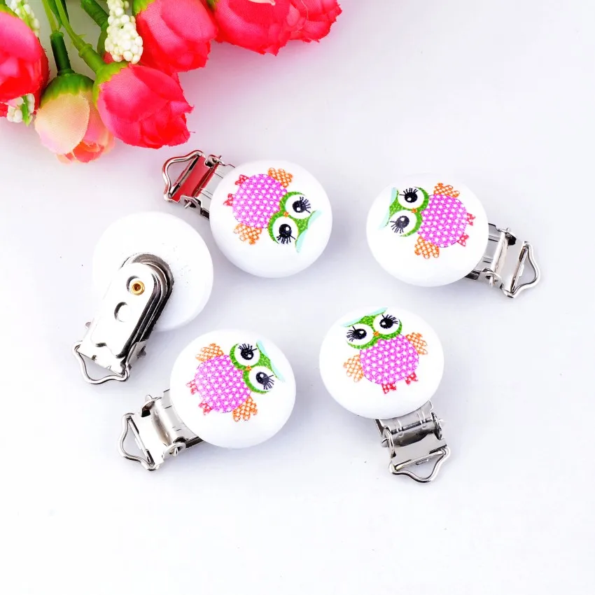 5 шт. детские соски с зажимами смешанные животные Рисунок совы белые деревянные