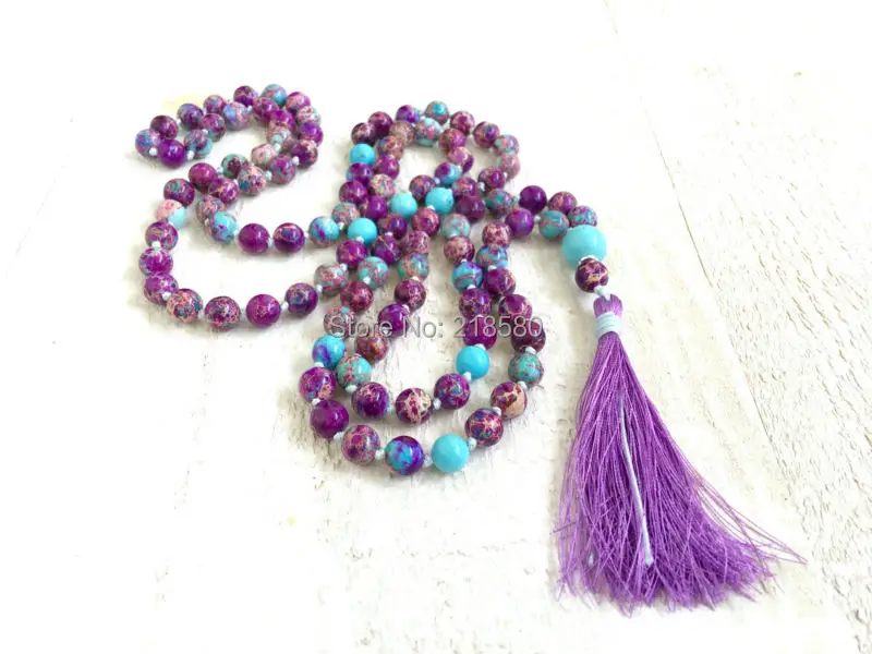 

M60624545 Knotted Purple Seidiment Jaspers Beads Necklace with Silk Tassel