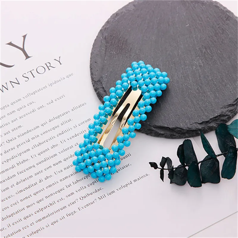 Rectangle blue New Cute Colorful Beads Waterdrop Rectangle Hairpins For Women Girls Headbands Hair Clip Barrettes Fashion Hair Accessories - Цвет: Rectangle blue