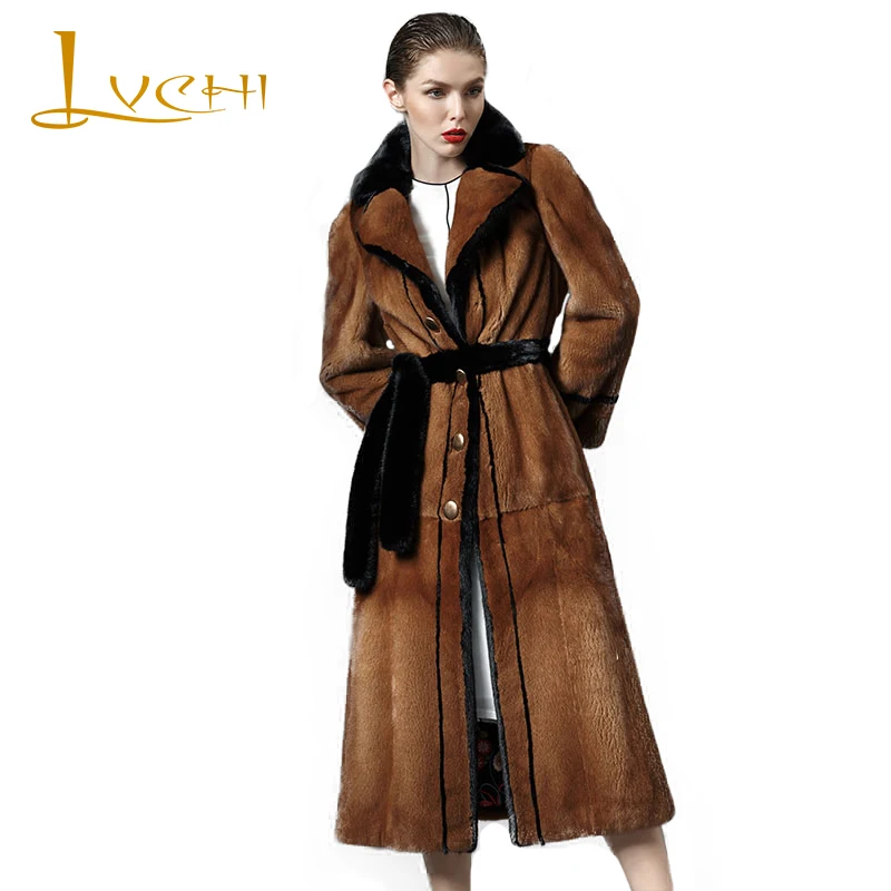 LVCHI Winter 2019 Import Mink Fur Coat Women's Long Sleeve Coat Butterfly Neck Real Natural Fur X-Long Sashes Causal Mink Coats