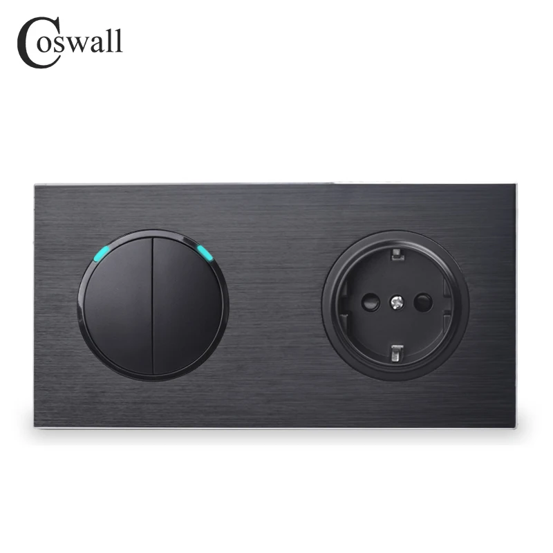 Coswall черный Алюминий металлический Панель Европейская Сетевая розетка + 2 Gang Way на