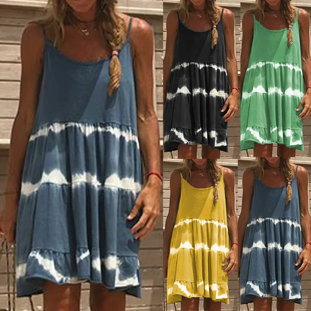 Women Dress Summer Casual Clothes Ladies Camisole O Neck Chiffon Daily Boho Sexy Mini Dresses New Fashion Party 2019 | Женская одежда