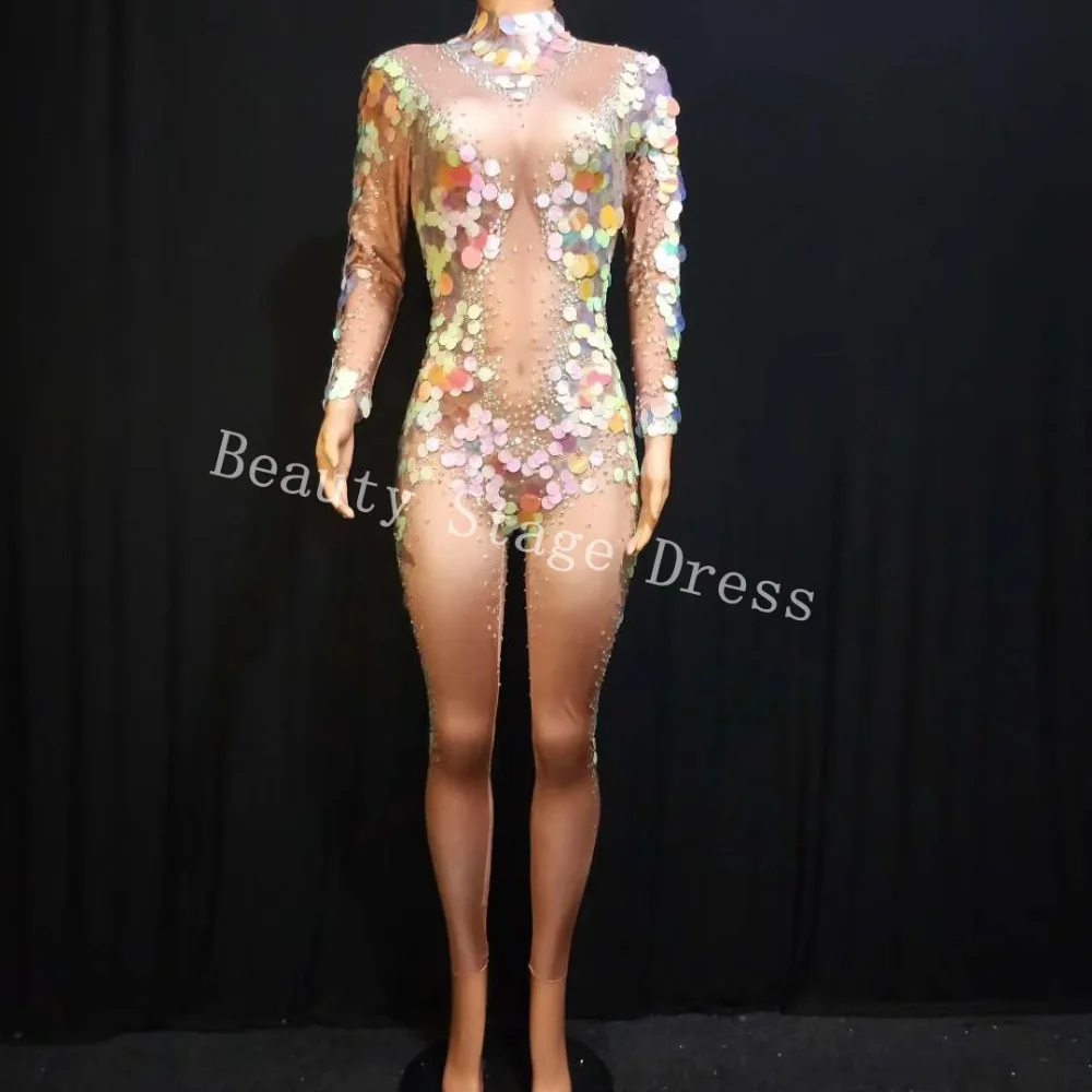 Colored Rhinestones One Piece Bodysuit pearl Elasticlong-sleeved adult stage costume Jumpsuit Stage Outfit Singer sexy clothing