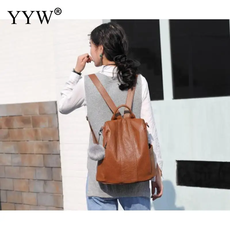 

High Quality Leather Backpack With Fur Ball Female Shoulder Bag With Extra Hanging Strap Hand Bags Black Brown Laptop Backpack