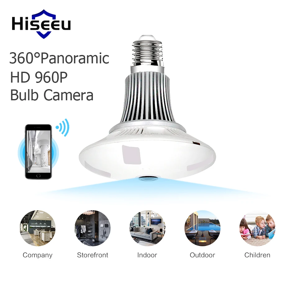 Hiseeu 360 градусов Беспроводной IP Камера лампочки Fisheye Умный дом CCTV 3D VR 1.3mp домашней