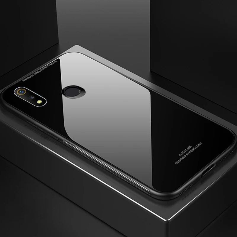 GFAITH Glass Cases For Realme 3 Case Glossy Tempered Glass Silicone Frame Hard Back Cover For Realme 3 Pro Realme C2 Cases