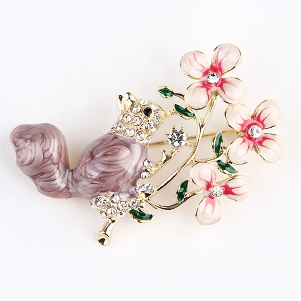 Women Pink Flower Drop Oil Alloy Squirrel Shaped Brooches Fashion Small Animal Brooch Pins Accessories | Украшения и аксессуары