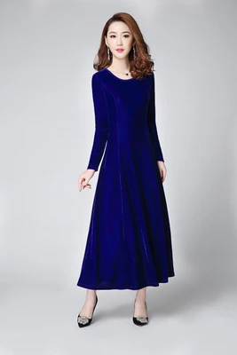 royalblue Осенне-зимние Бархатные платья, женское повседневное длинное платье из плюша с круглым вырезом и уличная одежда, винтажное теплое офисное платье с высокой талией - Цвет: royalblue