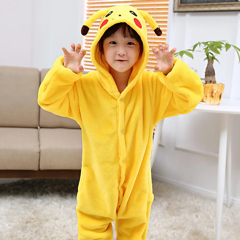 Child Winter Warm Animal Pajamas Boy Girl Cow Leopard Zebra Pikachu Flannel Sleepwear Pajams Family Kawaii Onesie Femme |