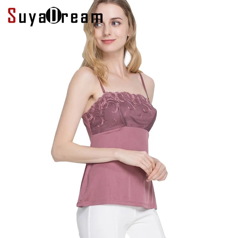 

Women Lace Camis 100%Real Silk Sexy Camisole Solid Bottoming shirt 2018 Summer Vest White Black Tank Top