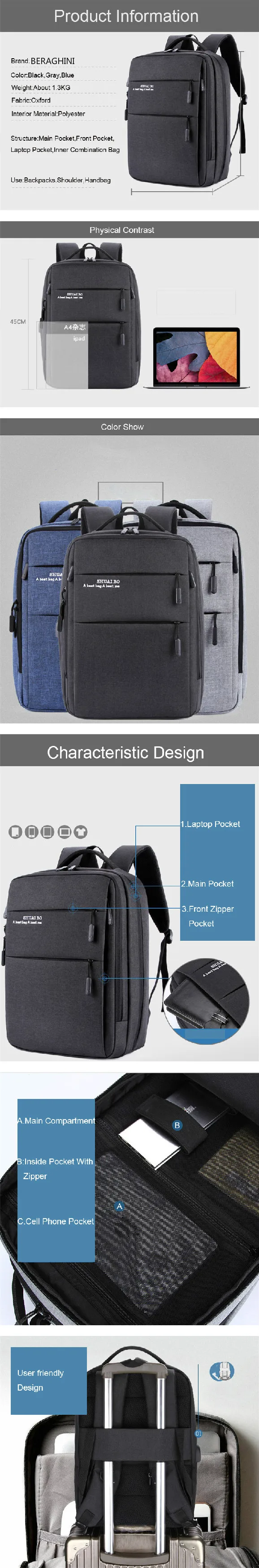 BERAGHINI для мужчин рюкзак с зарядка через usb Оксфорд Back Pack колледж Студент Книга сумка большой ёмкость модные рюкзак для путешествий Mochila