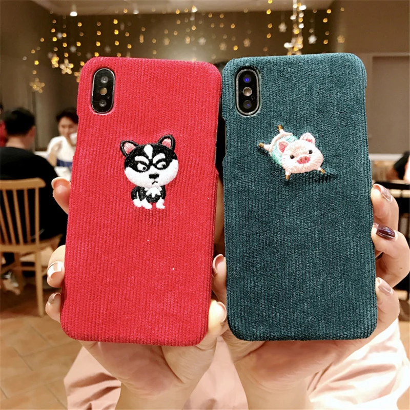Зимний теплый тканевый чехол для телефона для iPhone 6, 6 S, 7, 8 Plus, чехол, милый чехол для разделывания свиньи, утки, собаки хаски, жесткая задняя крышка для iPhone X, XR, XS, MAX Coque