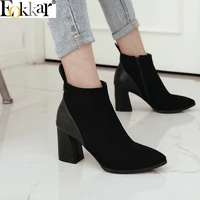 eokkar 2020 women ankle boots basic women winter boots elastic flock square heel casual ladies boots black pointed size 34 43