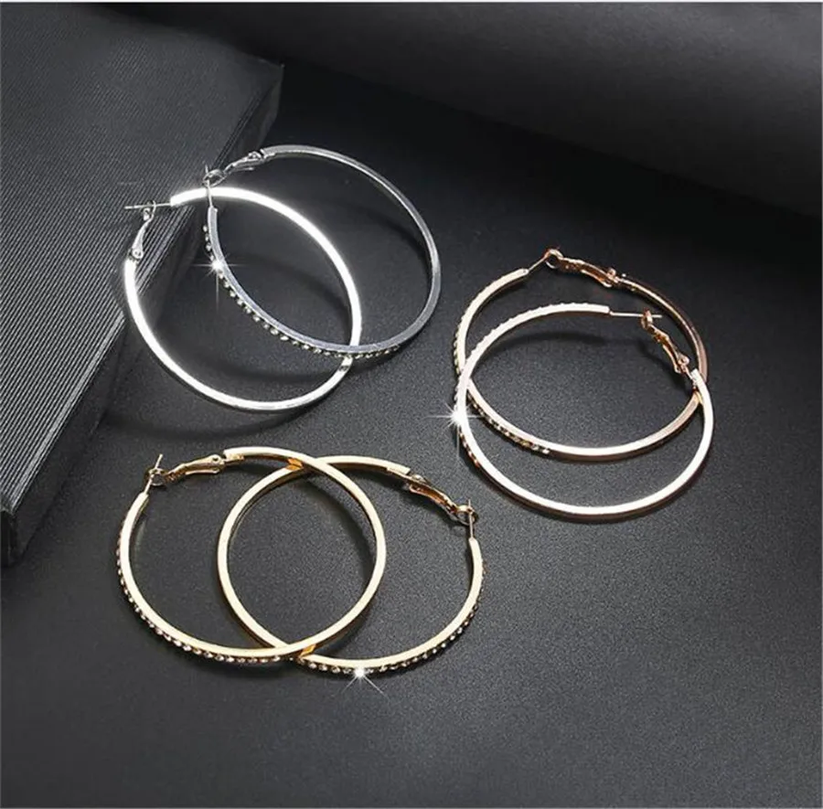 SexeMara 2019 Fashion Hoop Earrings With Rhinestone Circle Simple Earring Big Gold Color Loop For Women | Украшения и аксессуары