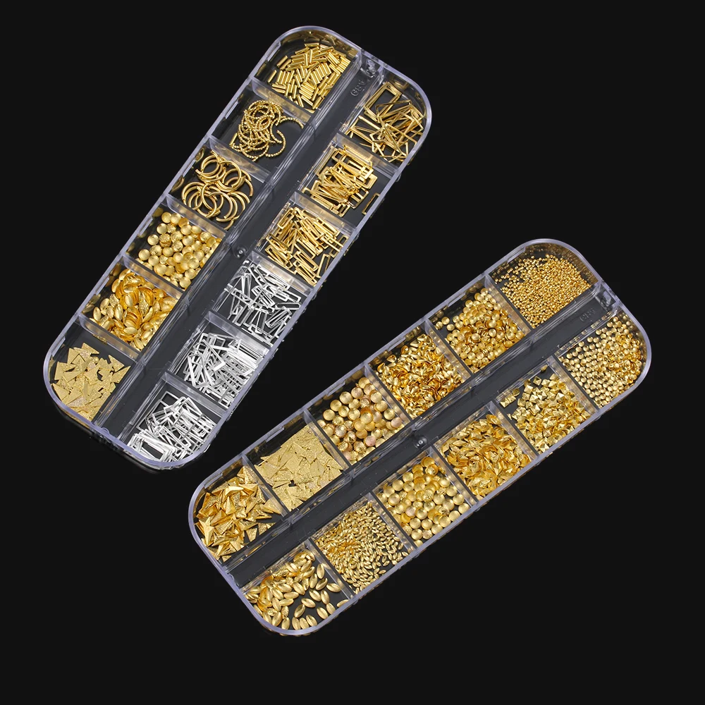 12 ячеек 3D пустотелых ногтей искусственная металлическая Золотая серебряная