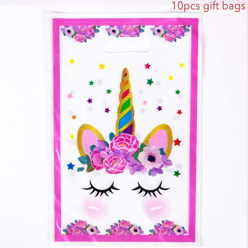 10pcs gift bags Одноразовая посуда с единорогом, бумажная тарелка, чашка с баннером, салфетки с единорогом, украшение на день рождения, Детские сувениры, принадлежности для детского душа - Цвет: 10pcs gift bags