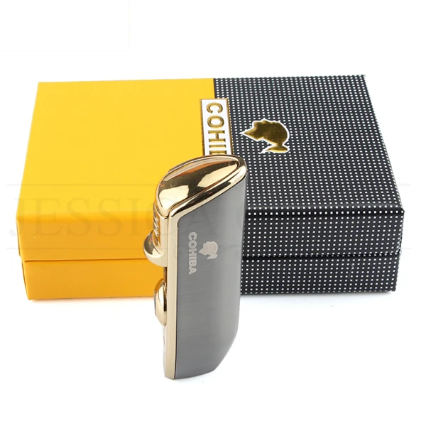 Gun With Box COHIBA металлическая ветрозащитная Мини карманная сигарная зажигалка, 3 струйный синий фонарь, зажигалки для сигарет с сигарой, подарочная коробка - Цвет: Gun With Box