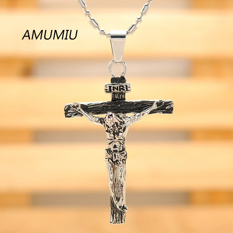 Wholesale HZP164: AMUMIU Biker Jewelry for Men - 316L Stainless Steel Pretty INRI Crucifix Pendant Necklace image 5