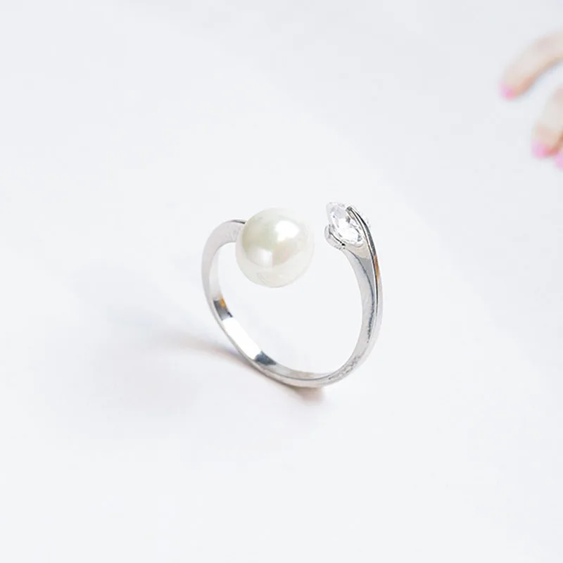 New Women Fashion Simulated Pearl Rings Cute Silver Love Heart Rhinestone Zircon Open Ring Party Jewelry Valentine's Day Gifts|Кольца| |
