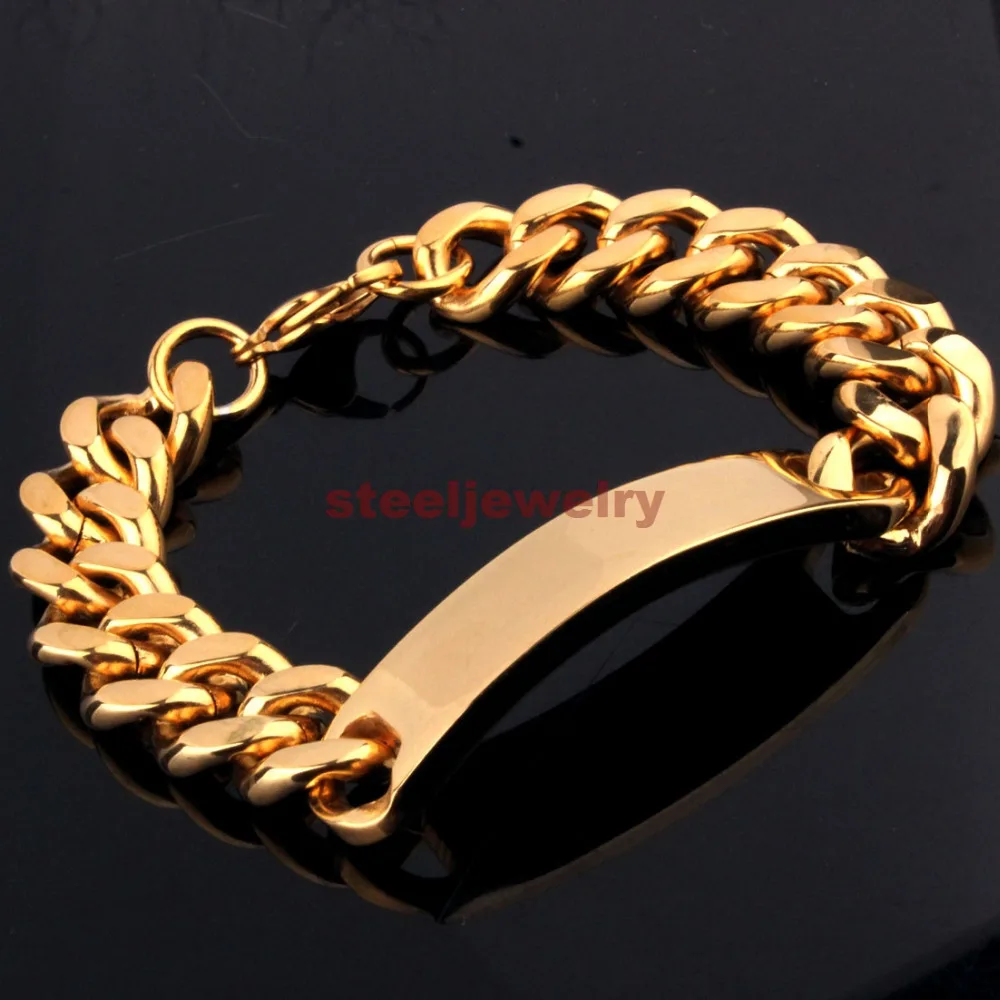 Мужской браслет из нержавеющей стали под серебро и золото 15 мм 9 дюймов|stainless steel
