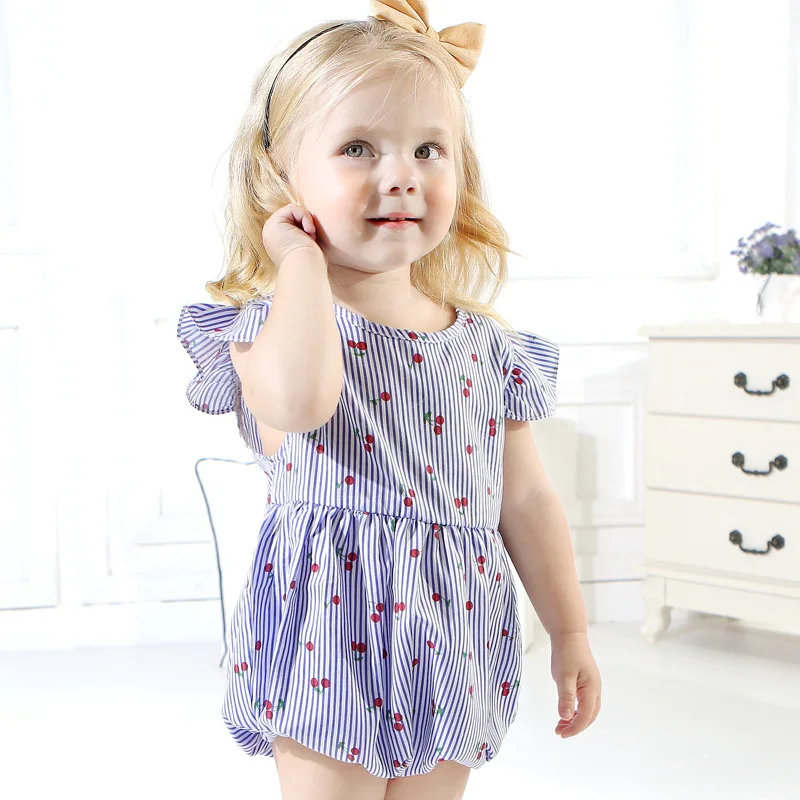 

Ins Hot Baby Toddler Girls Striped Printed Cherry Cute Fruit Rompers Fly Sleeves Summer Infant Blue Pink Color Romper