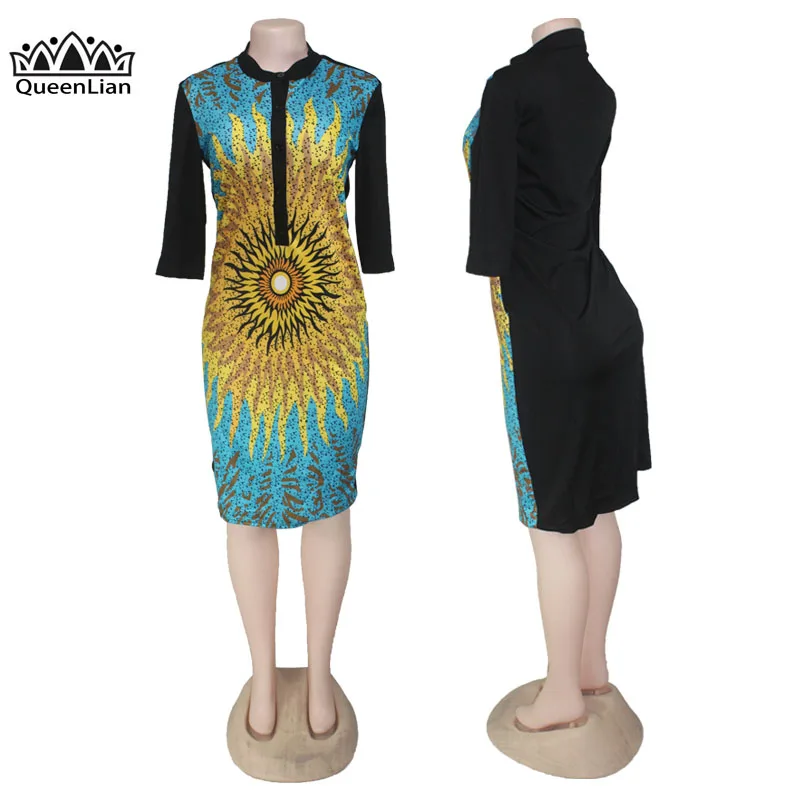 2018 новое модное платье с принтом Дашики для женщин воротником и эластичным