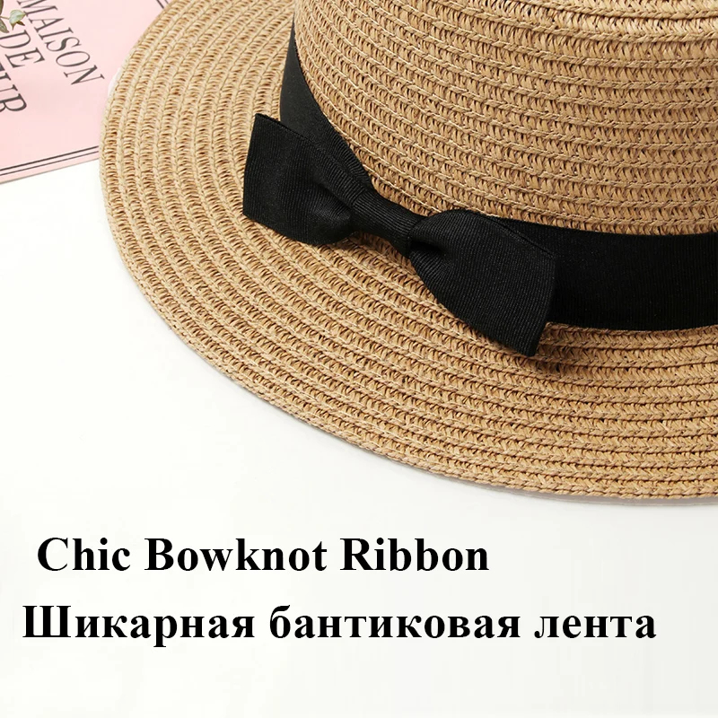 Шляпа женская летняя шляпа соломенная шляпа пляжная канотье модные ручной повседневное плоской подошве бант края панама лето головные уборы для женщин козырек от солнца женский шляпы