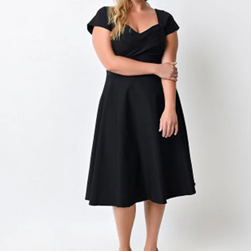 Для женщин летние Винтаж 50 s рокабилли Высокая Талия короткий рукав платье плюс